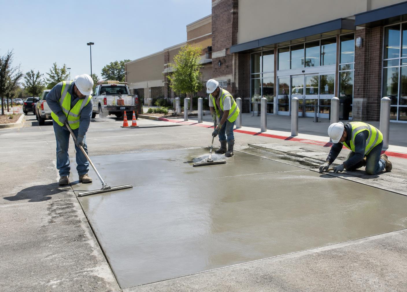 Crew finishing replacement concrete pavement at an active commercial property