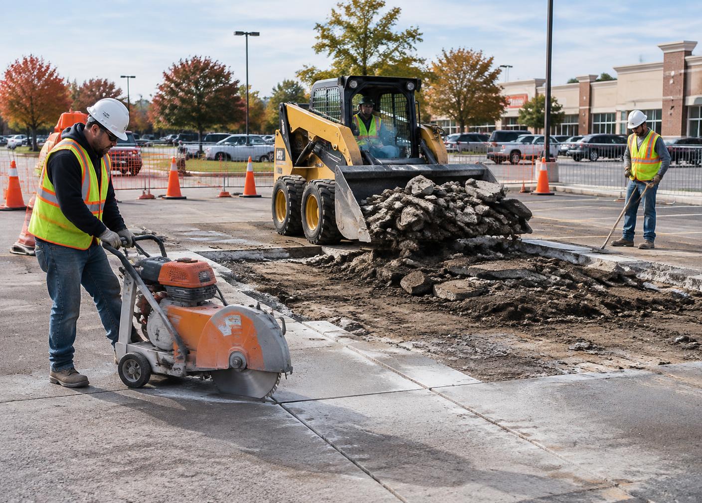 Concrete saw cutting and pavement removal in a controlled retail parking lot work area